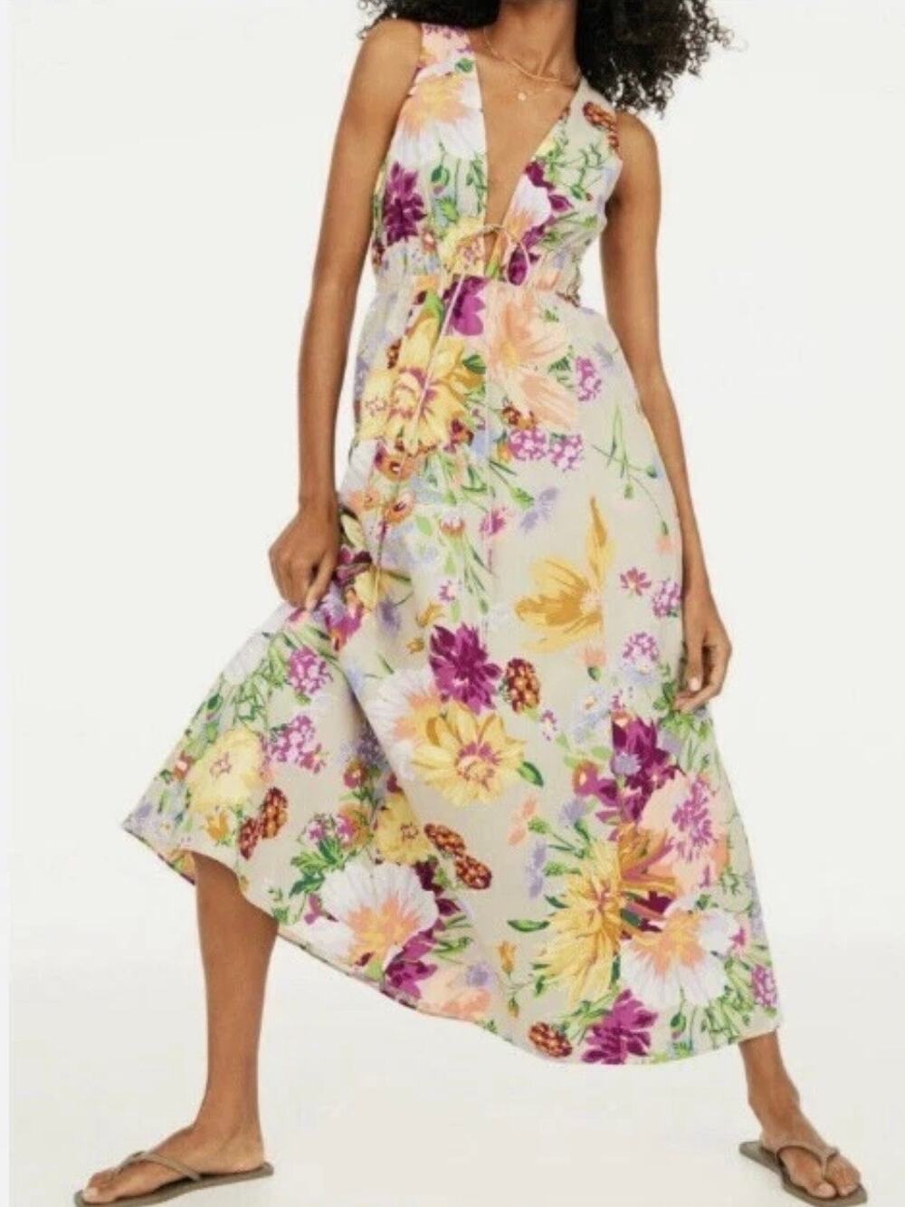 H&M Brown Purple&Pink Floral Deep V Linen&Cotton Maxi Dress Sz.M
